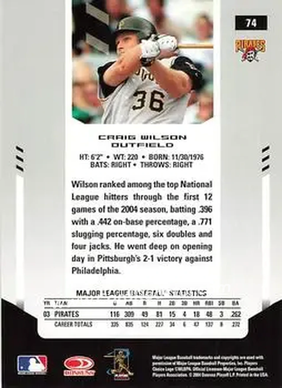 2004 Leaf Certified Materials #74 - Craig Wilson - Pittsburgh Pirates - Back 2004 Leaf Certified Materials #74 - Craig Wilson - Pittsburgh Pirates - Back