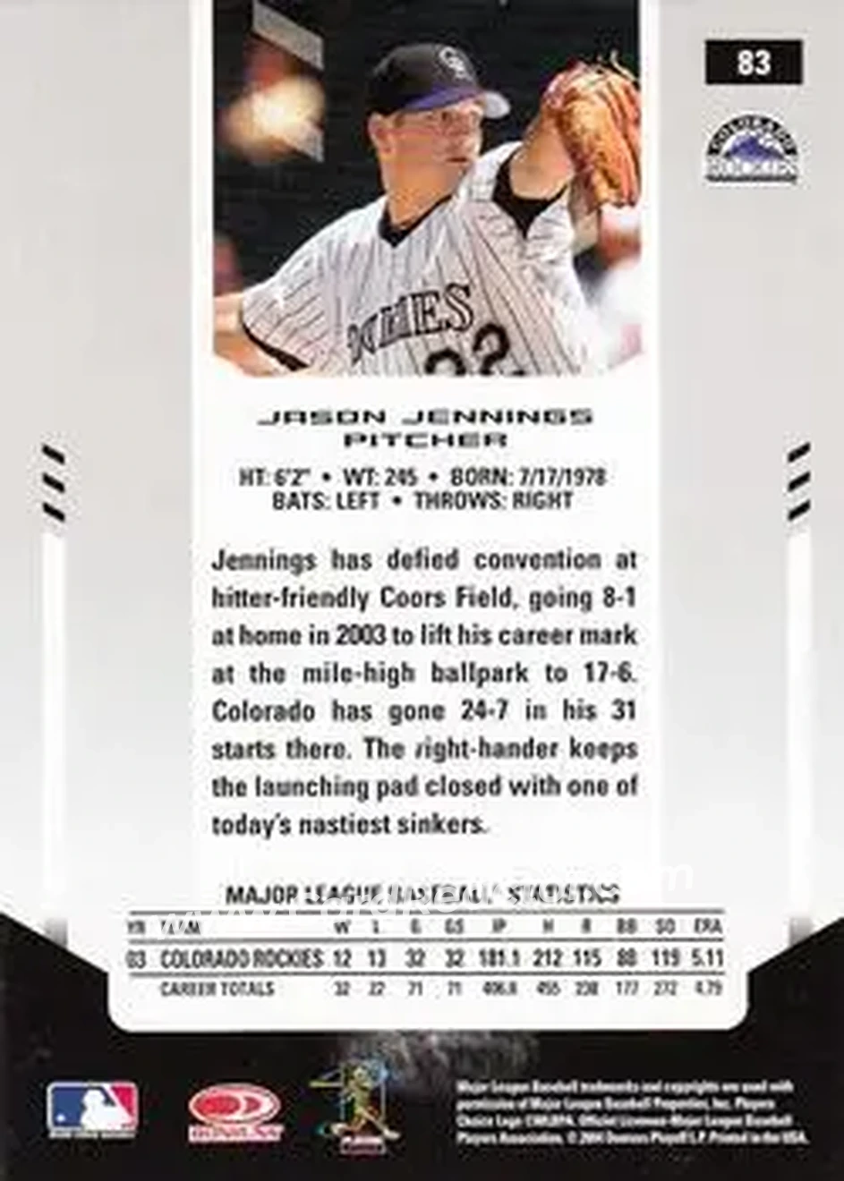 2004 Leaf Certified Materials #83 - Jason Jennings - Colorado Rockies - Back