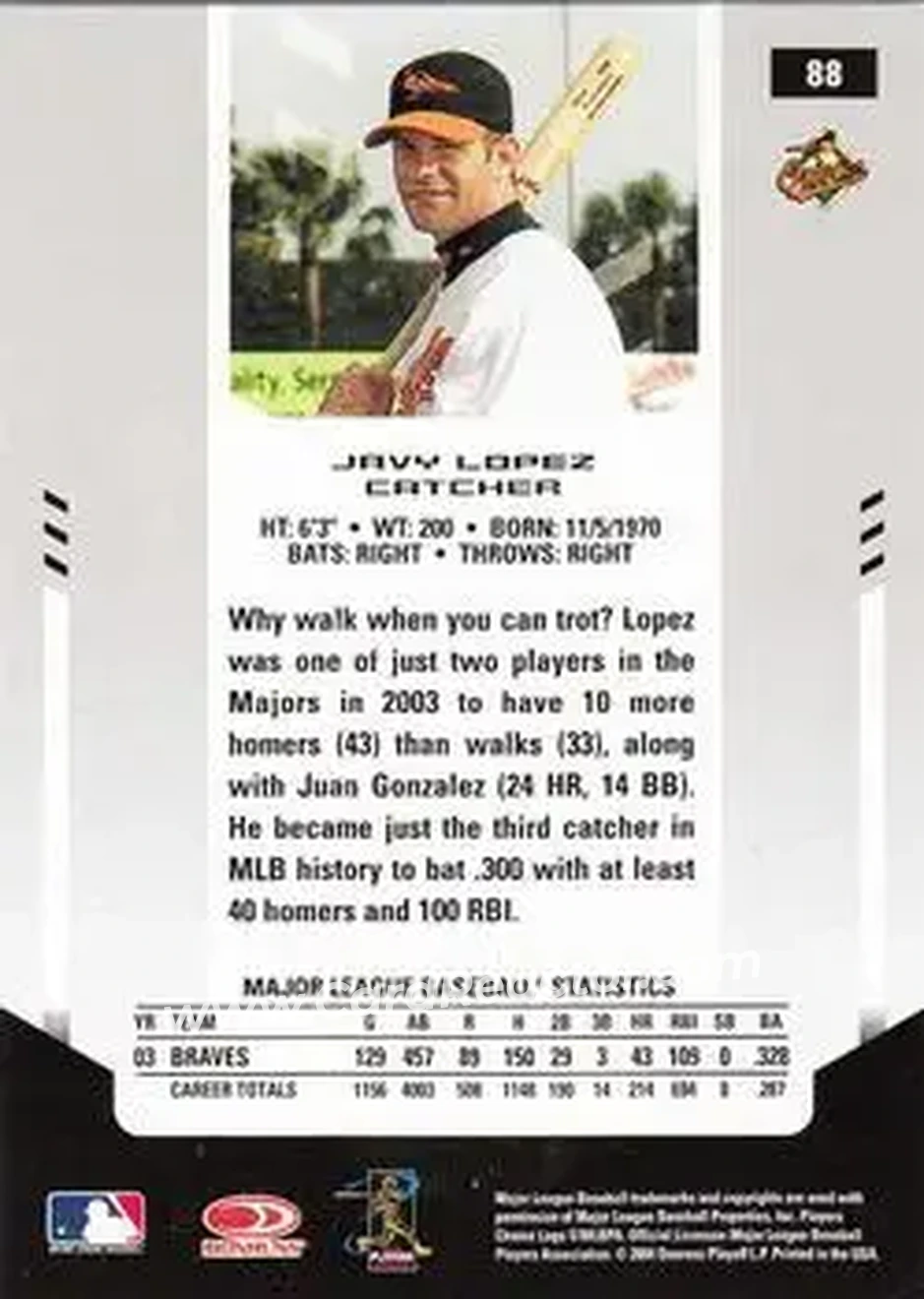 2004 Leaf Certified Materials #88 - Javier Lopez - Baltimore Orioles - Back