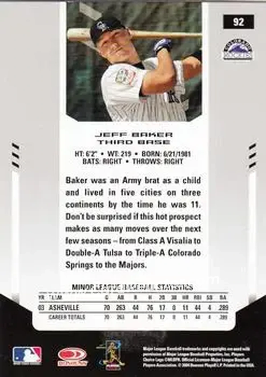 2004 Leaf Certified Materials #92 - Jeff Baker - Colorado Rockies - Back