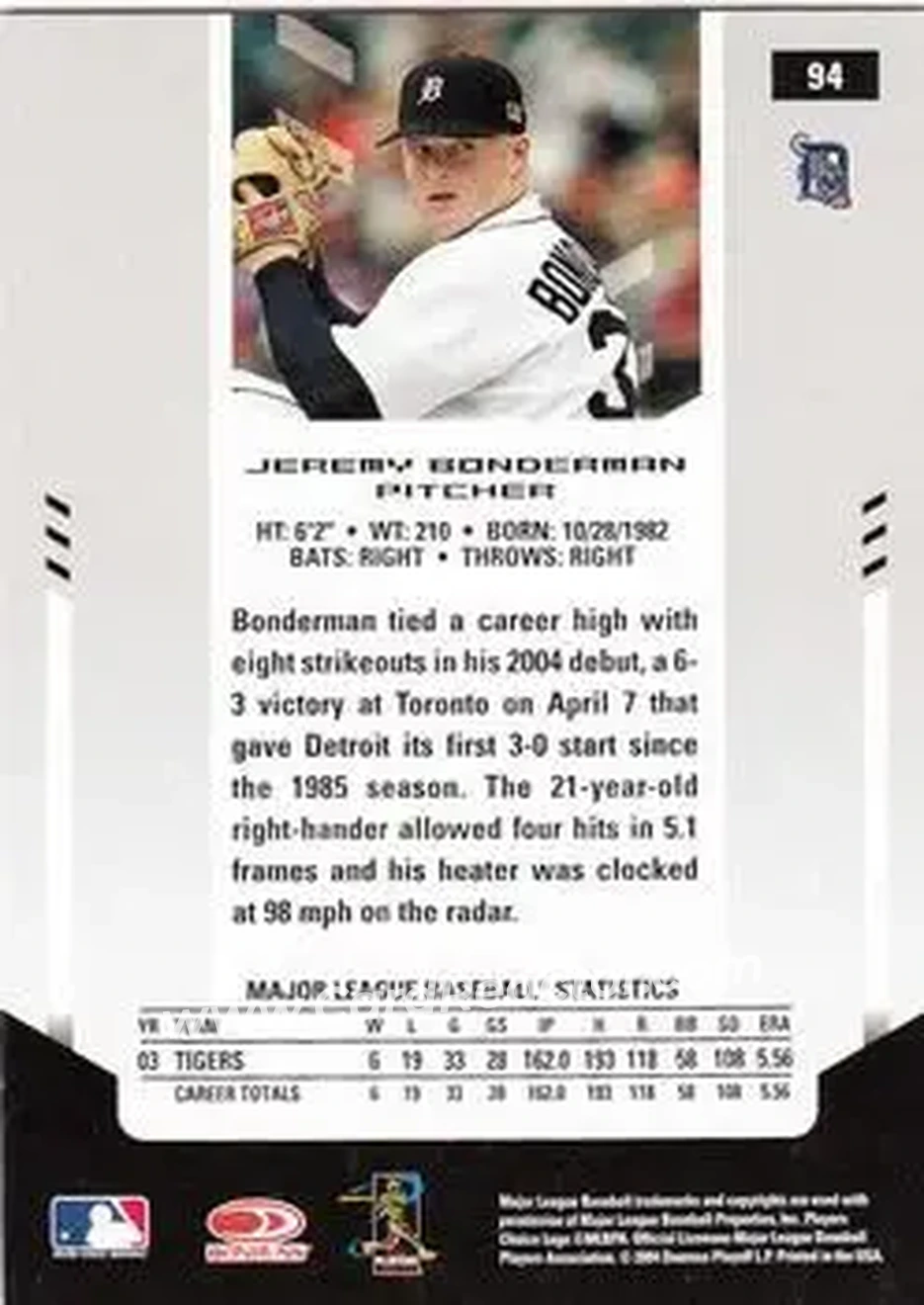 2004 Leaf Certified Materials #94 - Jeremy Bonderman - Detroit Tigers - Back