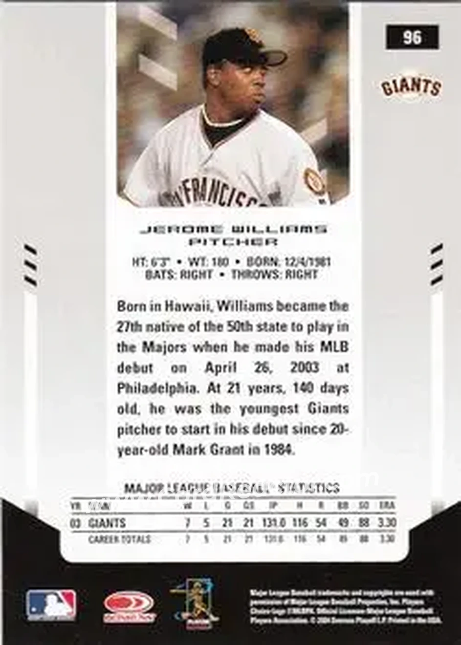 2004 Leaf Certified Materials #96 - Jerome Williams - San Francisco Giants - Back