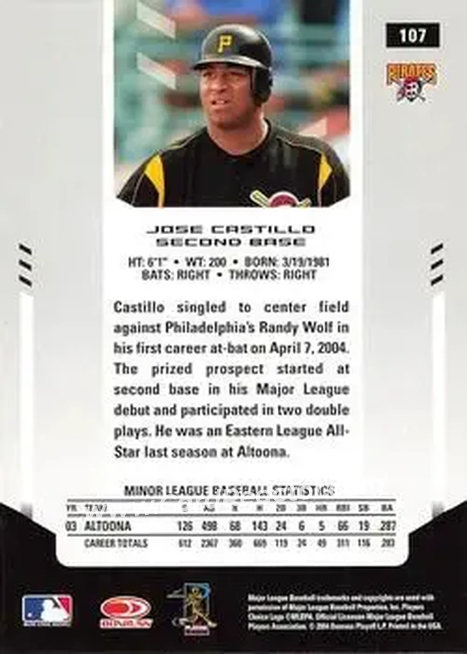 2004 Leaf Certified Materials #107 - Jose Castillo - Pittsburgh Pirates - Back