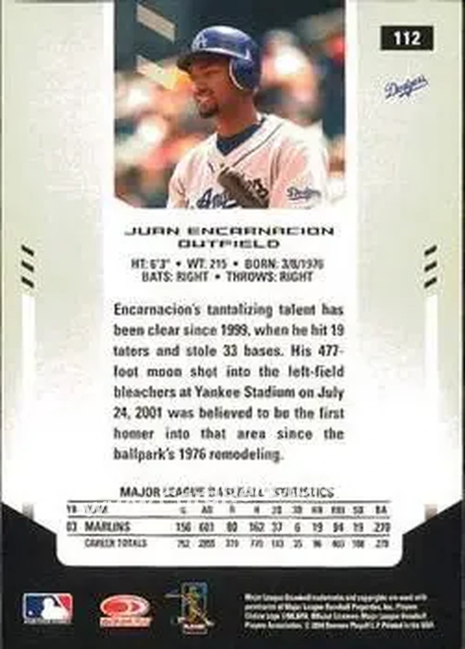 2004 Leaf Certified Materials #112 - Juan Encarnacion - Los Angeles Dodgers - Back