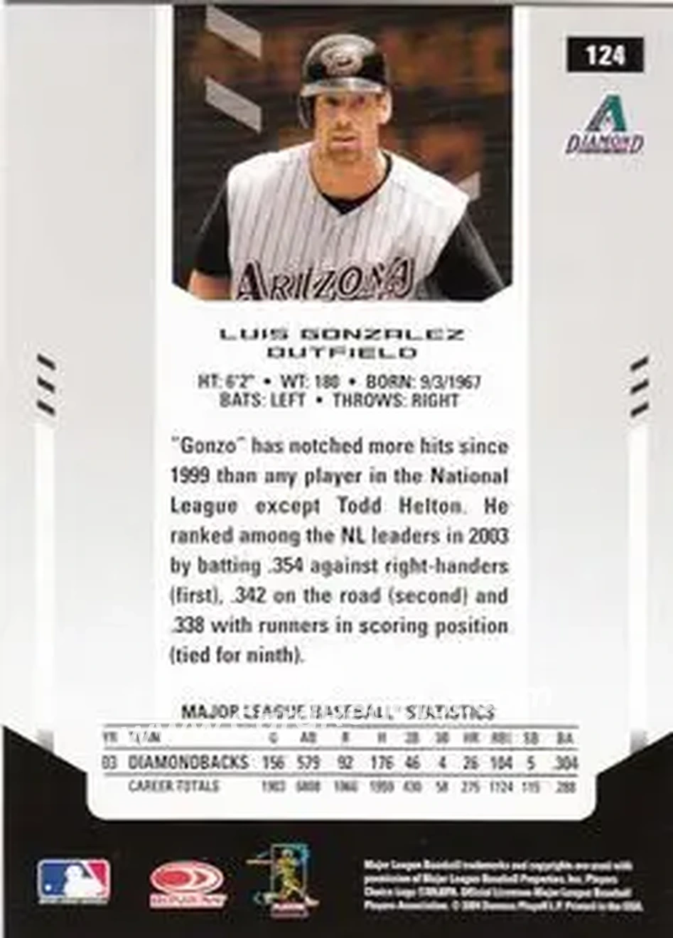 2004 Leaf Certified Materials #124 - Luis Gonzalez - Arizona Diamondbacks - Back