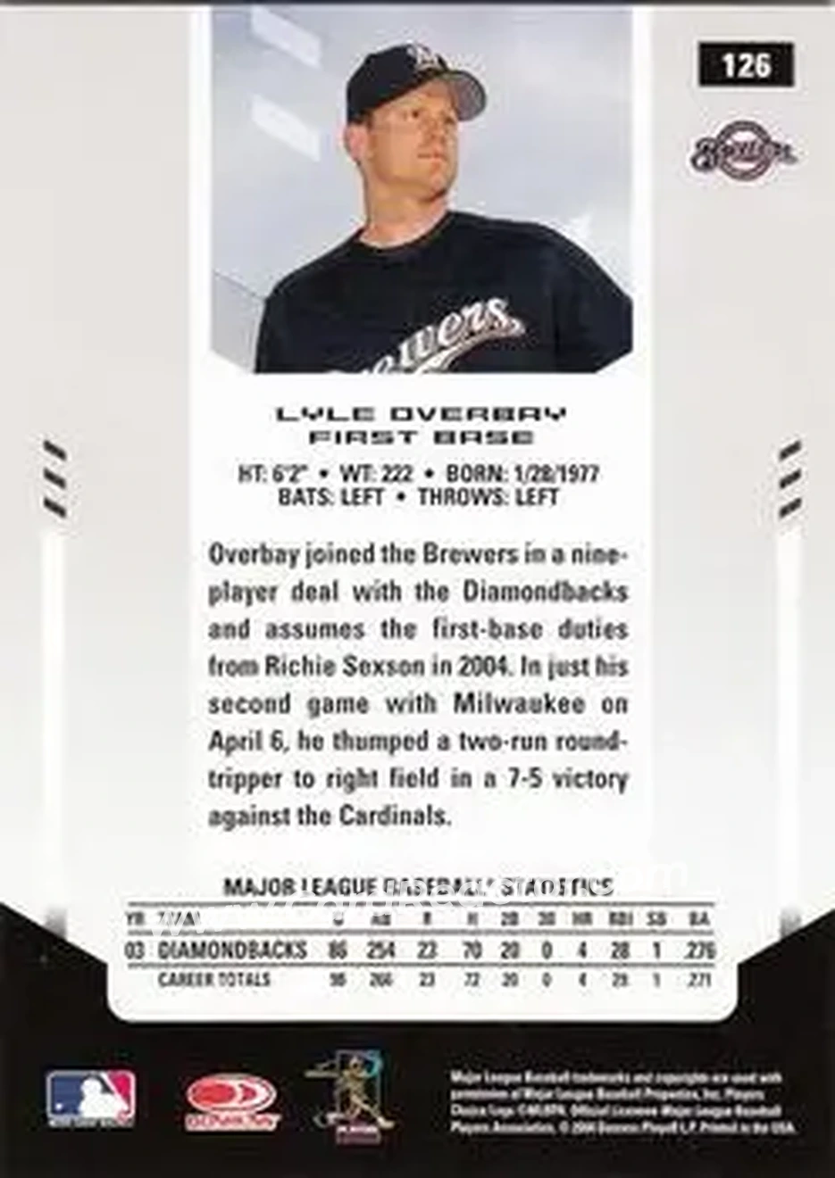 2004 Leaf Certified Materials #126 - Lyle Overbay - Milwaukee Brewers - Back