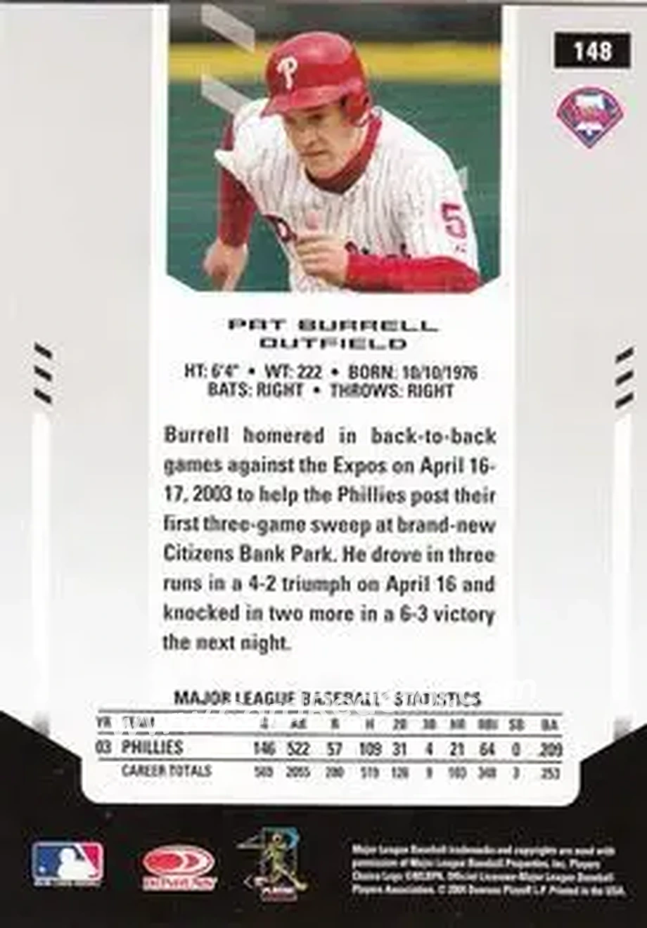 2004 Leaf Certified Materials #148 - Pat Burrell - Philadelphia Phillies - Back 2004 Leaf Certified Materials #148 - Pat Burrell - Philadelphia Phillies - Back