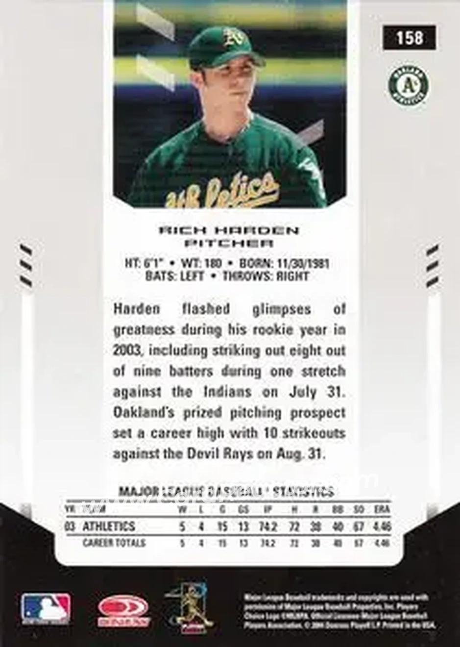 2004 Leaf Certified Materials #158 - Rich Harden - Oakland Athletics - Back 2004 Leaf Certified Materials #158 - Rich Harden - Oakland Athletics - Back