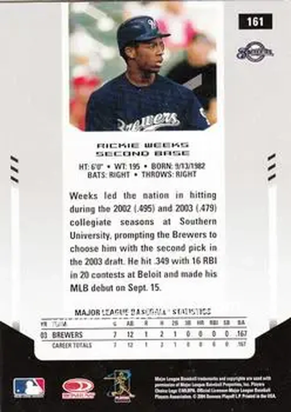 2004 Leaf Certified Materials #161 - Rickie Weeks - Milwaukee Brewers - Back