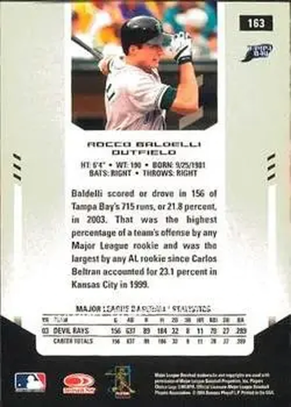 2004 Leaf Certified Materials #163 - Rocco Baldelli - Tampa Bay Devil Rays - Back