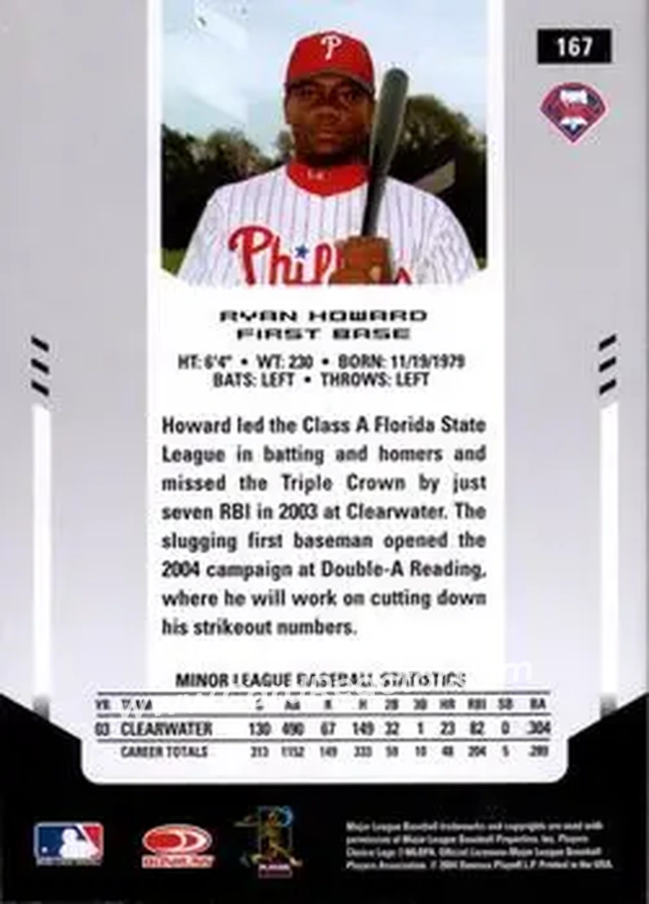 2004 Leaf Certified Materials #167 - Ryan Howard - Philadelphia Phillies - Back 2004 Leaf Certified Materials #167 - Ryan Howard - Philadelphia Phillies - Back