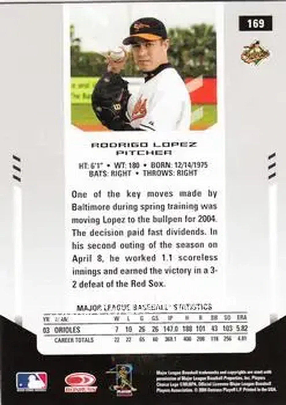 2004 Leaf Certified Materials #169 - Rodrigo Lopez - Baltimore Orioles - Back