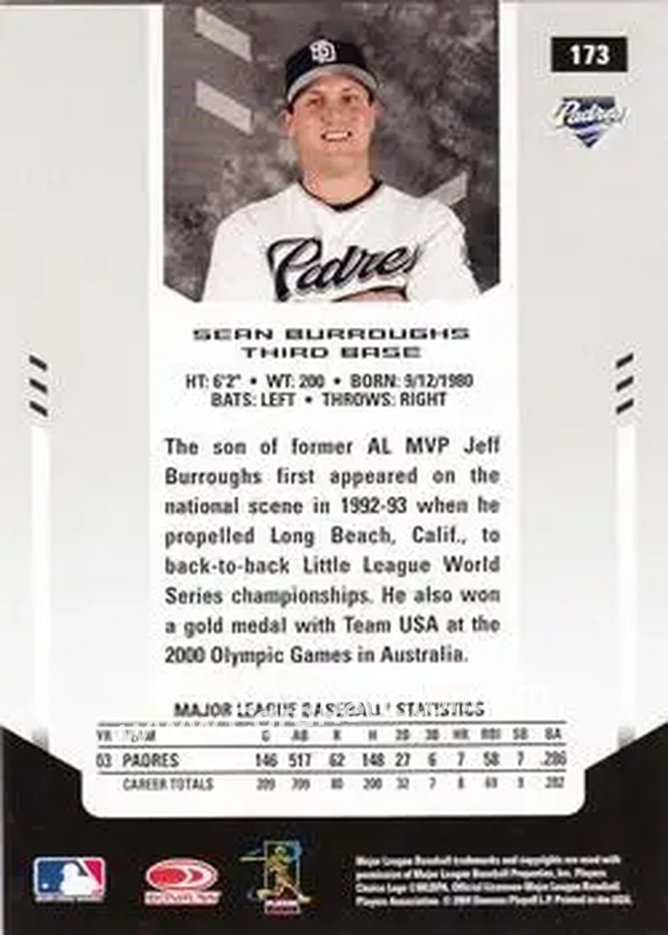2004 Leaf Certified Materials #173 - Sean Burroughs - San Diego Padres - Back