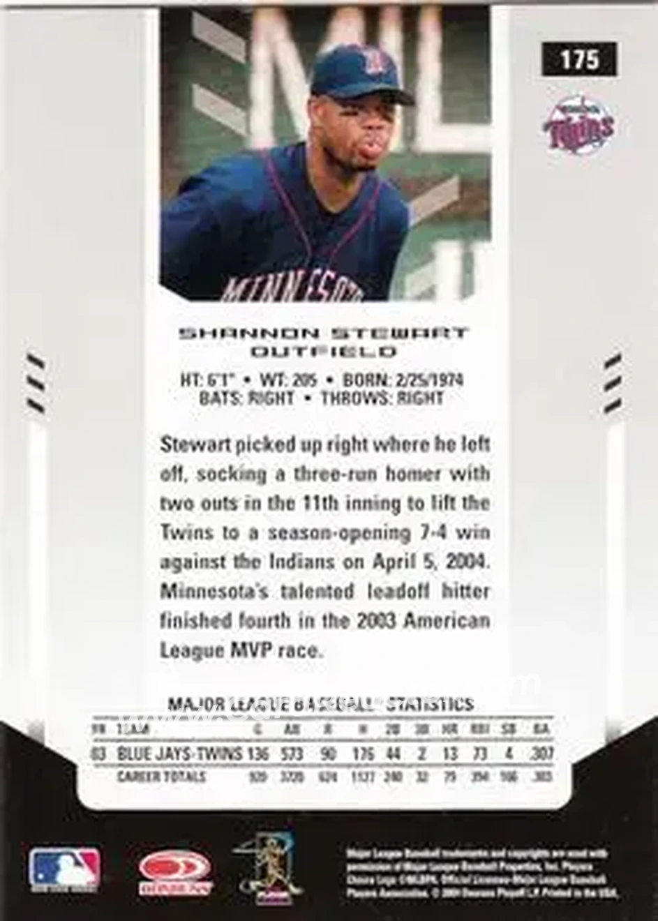 2004 Leaf Certified Materials #175 - Shannon Stewart - Minnesota Twins - Back