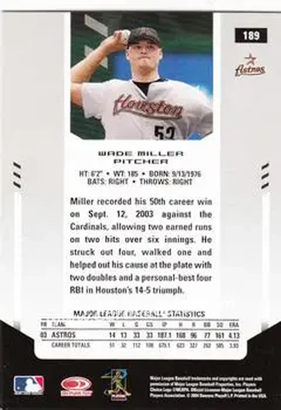 2004 Leaf Certified Materials #189 - Wade Miller - Houston Astros - Back