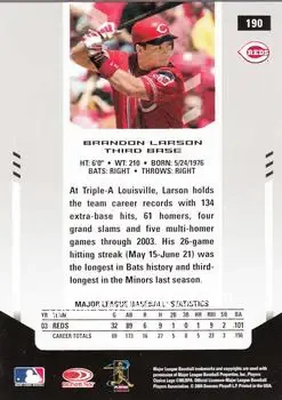 2004 Leaf Certified Materials #190 - Brandon Larson - Cincinnati Reds - Back 2004 Leaf Certified Materials #190 - Brandon Larson - Cincinnati Reds - Back