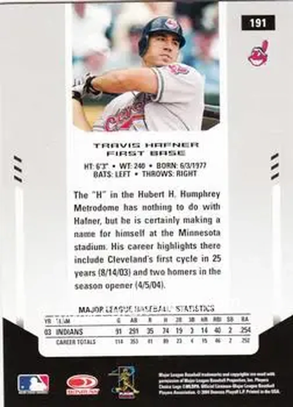 2004 Leaf Certified Materials #191 - Travis Hafner - Cleveland Indians - Back 2004 Leaf Certified Materials #191 - Travis Hafner - Cleveland Indians - Back