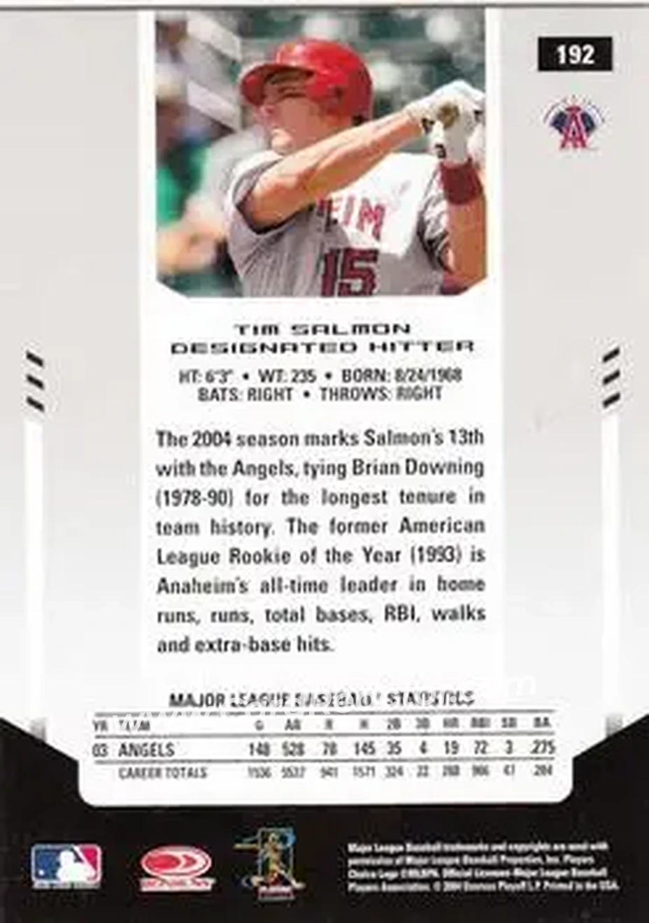 2004 Leaf Certified Materials #192 - Tim Salmon - Anaheim Angels - Back