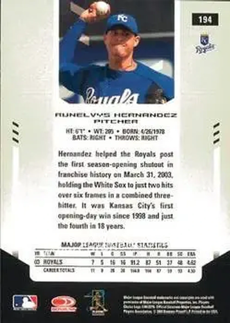 2004 Leaf Certified Materials #194 - Runelvys Hernandez - Kansas City Royals - Back