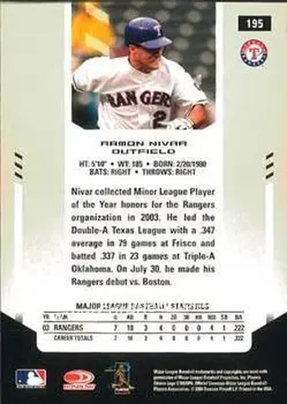 2004 Leaf Certified Materials #195 - Ramon Nivar - Texas Rangers - Back