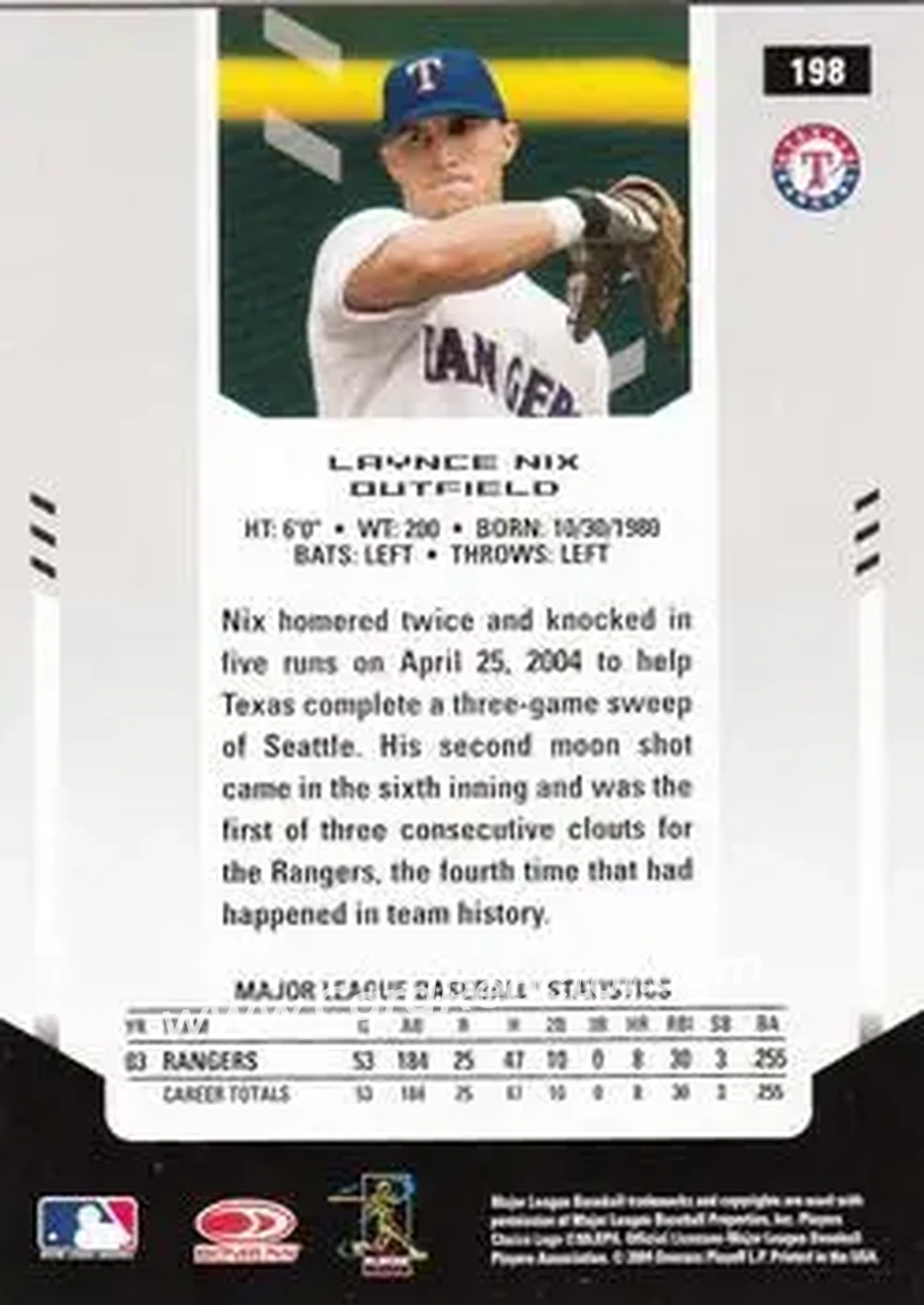 2004 Leaf Certified Materials #198 - Laynce Nix - Texas Rangers - Back