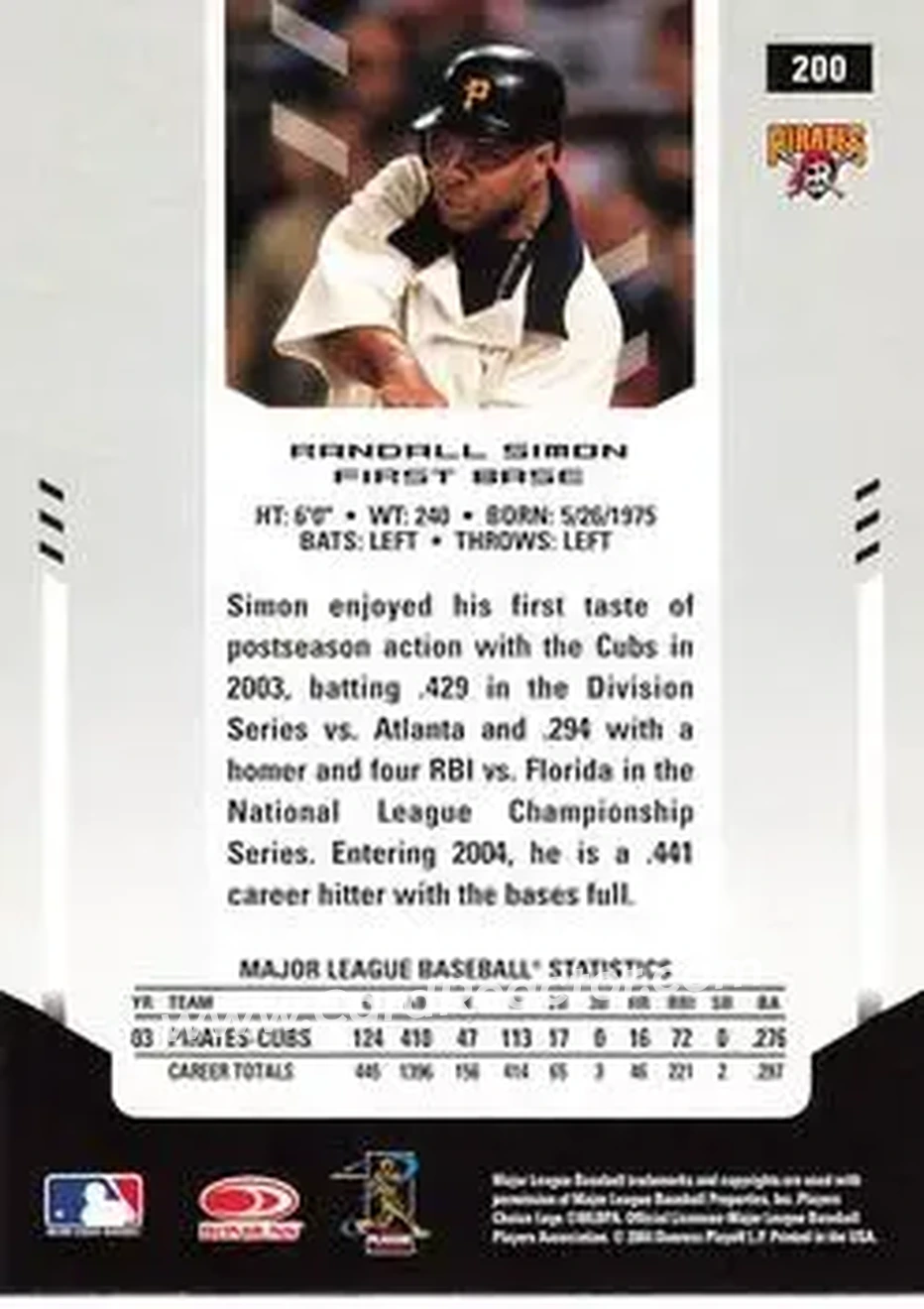 2004 Leaf Certified Materials #200 - Randall Simon - Pittsburgh Pirates - Back 2004 Leaf Certified Materials #200 - Randall Simon - Pittsburgh Pirates - Back