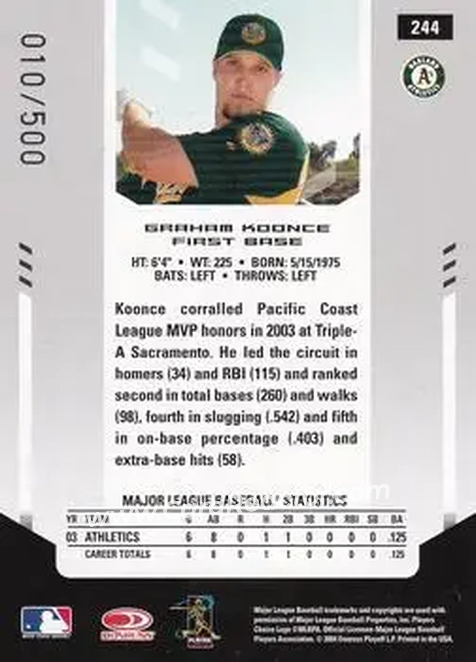 2004 Leaf Certified Materials #244 - Graham Koonce - Oakland Athletics - Back