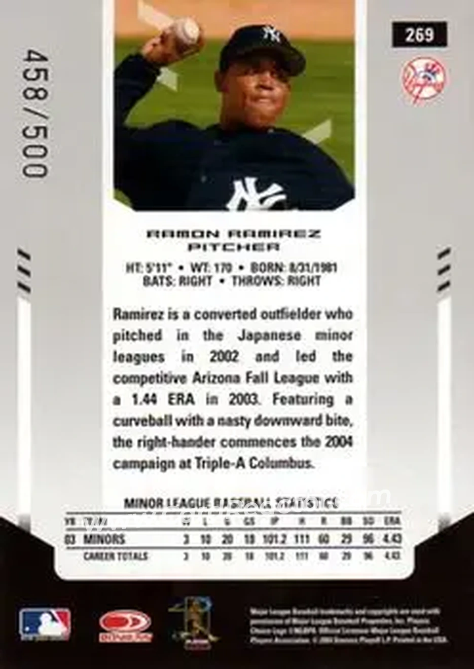 2004 Leaf Certified Materials #269 - Ramon Ramirez - New York Yankees - Back 2004 Leaf Certified Materials #269 - Ramon Ramirez - New York Yankees - Back