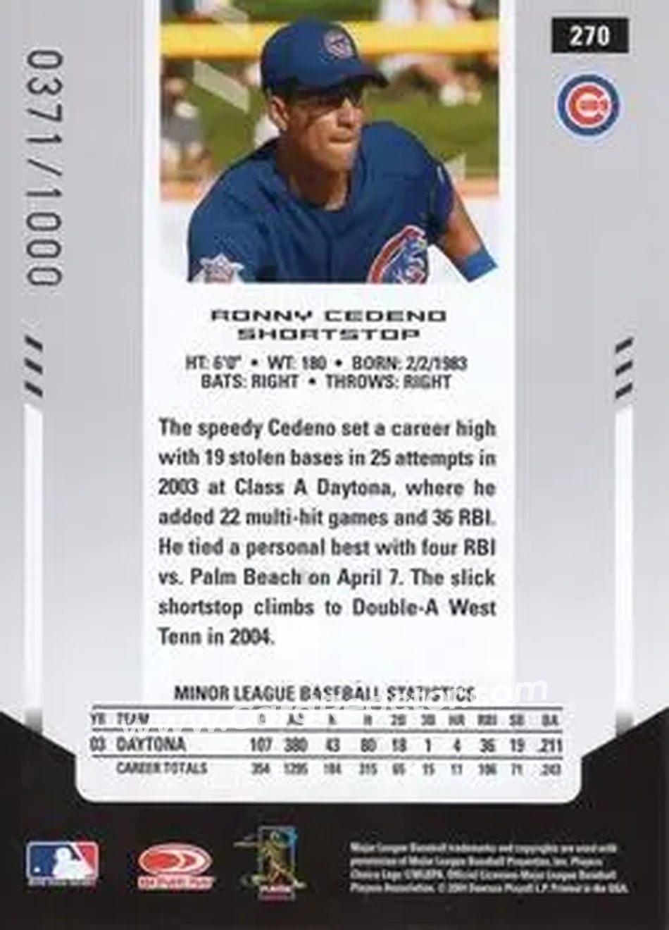 2004 Leaf Certified Materials #270 - Ronny Cedeno - Chicago Cubs - Back 2004 Leaf Certified Materials #270 - Ronny Cedeno - Chicago Cubs - Back