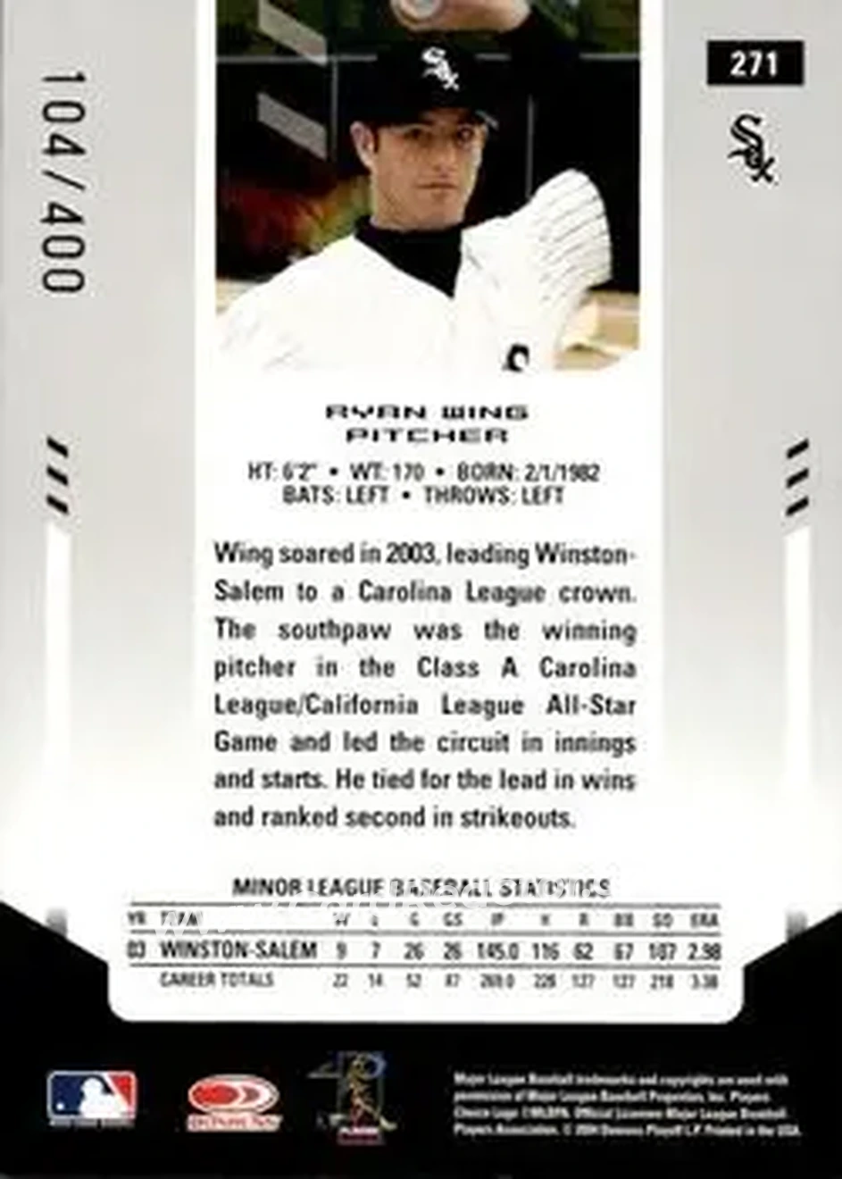 2004 Leaf Certified Materials #271 - Ryan Wing - Chicago White Sox - Back 2004 Leaf Certified Materials #271 - Ryan Wing - Chicago White Sox - Back