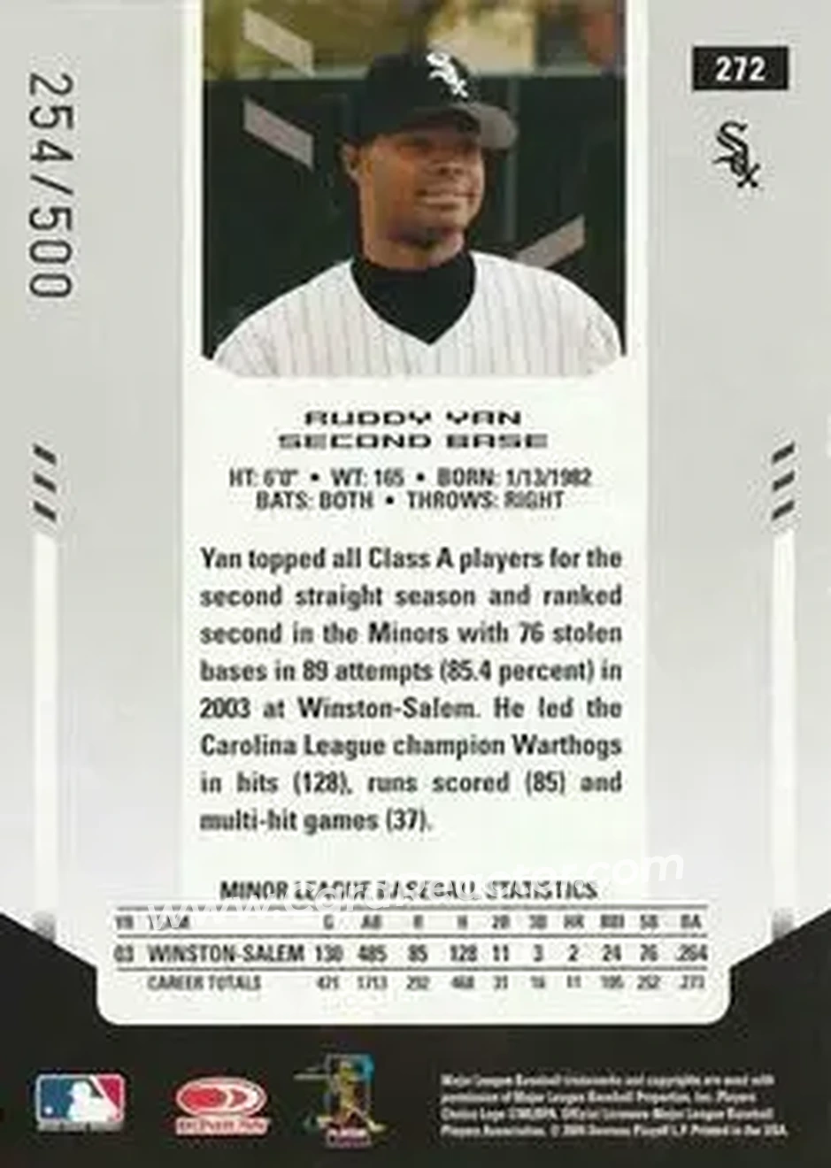 2004 Leaf Certified Materials #272 - Ruddy Yan - Chicago White Sox - Back 2004 Leaf Certified Materials #272 - Ruddy Yan - Chicago White Sox - Back