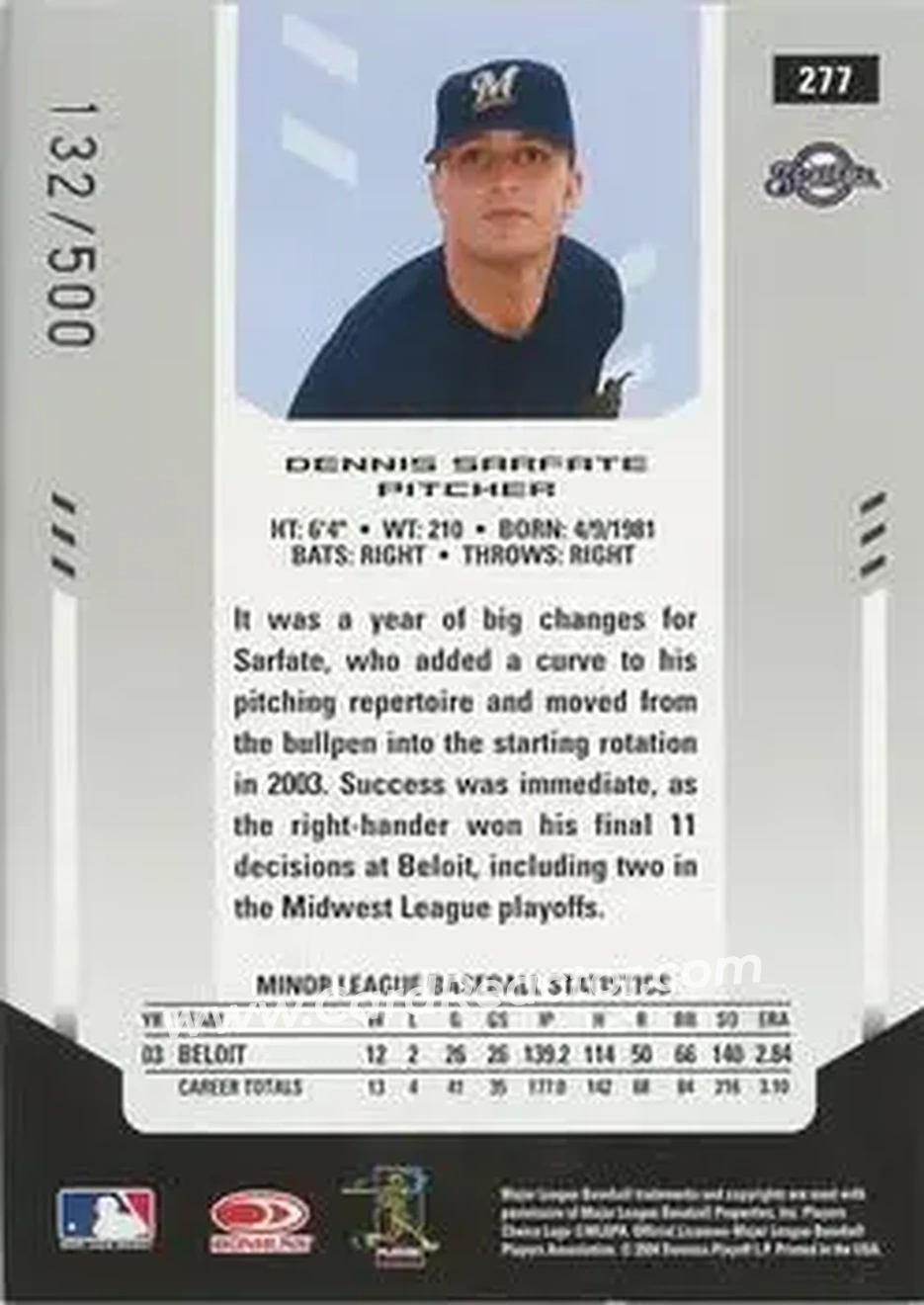 2004 Leaf Certified Materials #277 - Dennis Sarfate - Milwaukee Brewers - Back 2004 Leaf Certified Materials #277 - Dennis Sarfate - Milwaukee Brewers - Back