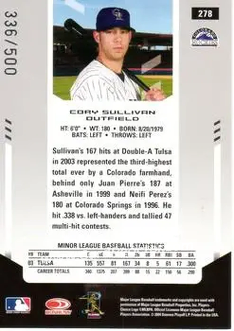 2004 Leaf Certified Materials #278 - Cory Sullivan - Colorado Rockies - Back 2004 Leaf Certified Materials #278 - Cory Sullivan - Colorado Rockies - Back