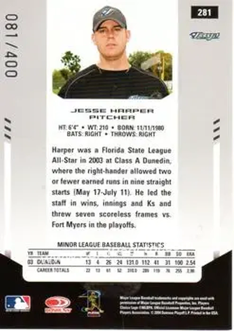 2004 Leaf Certified Materials #281 - Jesse Harper - Toronto Blue Jays - Back 2004 Leaf Certified Materials #281 - Jesse Harper - Toronto Blue Jays - Back