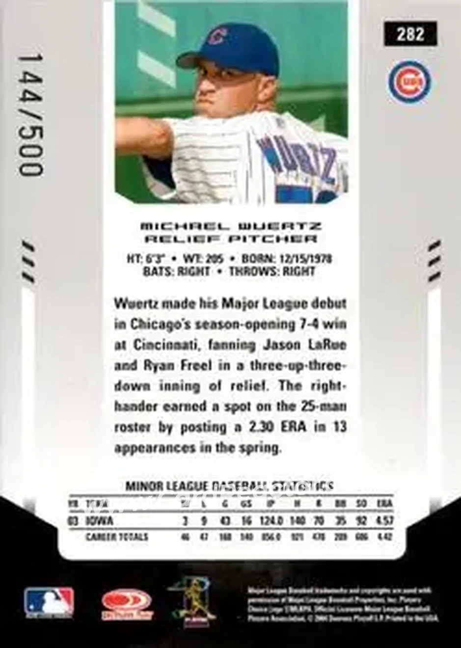 2004 Leaf Certified Materials #282 - Michael Wuertz - Chicago Cubs - Back 2004 Leaf Certified Materials #282 - Michael Wuertz - Chicago Cubs - Back