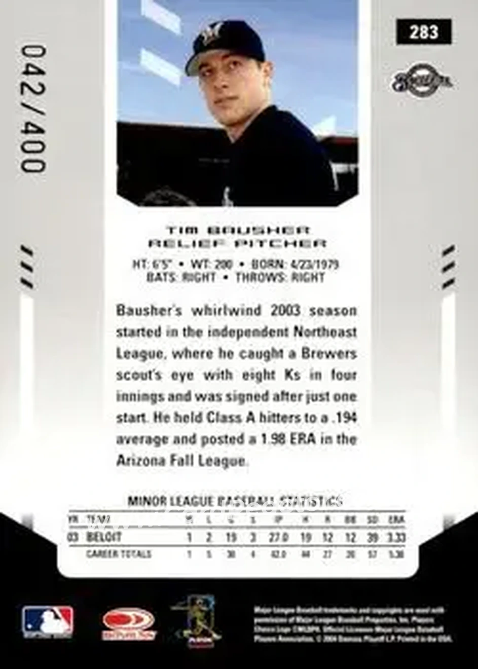 2004 Leaf Certified Materials #283 - Tim Bausher - Milwaukee Brewers - Back 2004 Leaf Certified Materials #283 - Tim Bausher - Milwaukee Brewers - Back