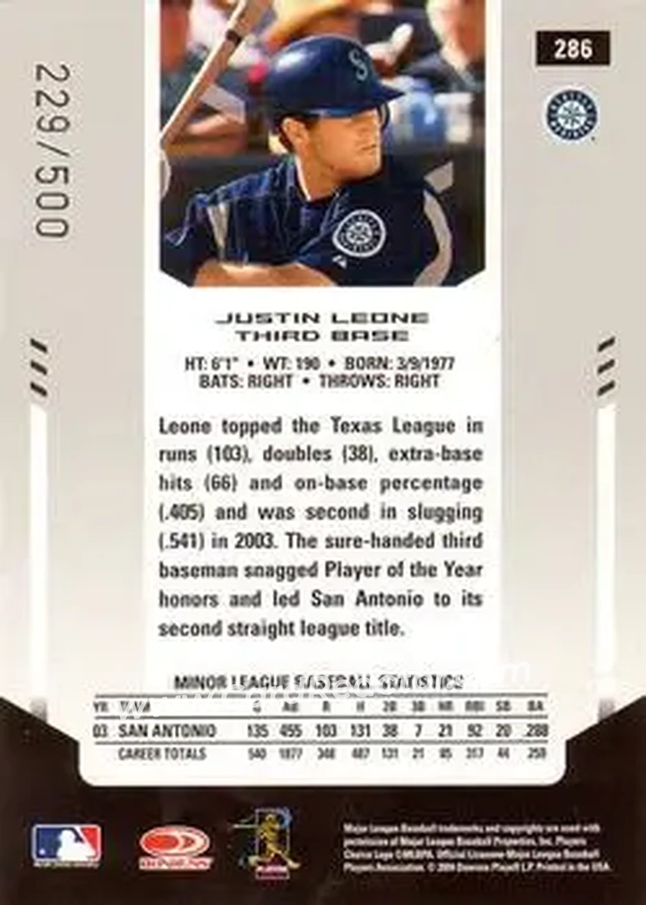 2004 Leaf Certified Materials #286 - Justin Leone - Seattle Mariners - Back 2004 Leaf Certified Materials #286 - Justin Leone - Seattle Mariners - Back