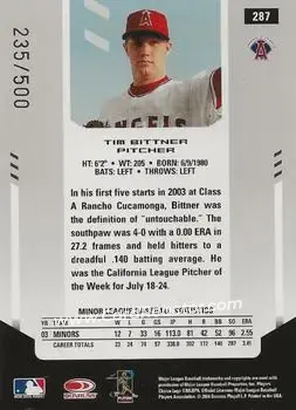 2004 Leaf Certified Materials #287 - Tim Bittner - Anaheim Angels - Back 2004 Leaf Certified Materials #287 - Tim Bittner - Anaheim Angels - Back