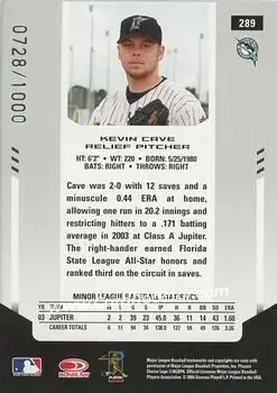 2004 Leaf Certified Materials #289 - Kevin Cave - Florida Marlins - Back