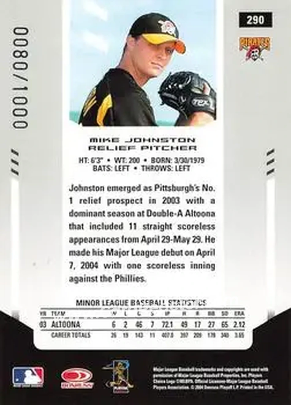 2004 Leaf Certified Materials #290 - Mike Johnston - Pittsburgh Pirates - Back 2004 Leaf Certified Materials #290 - Mike Johnston - Pittsburgh Pirates - Back