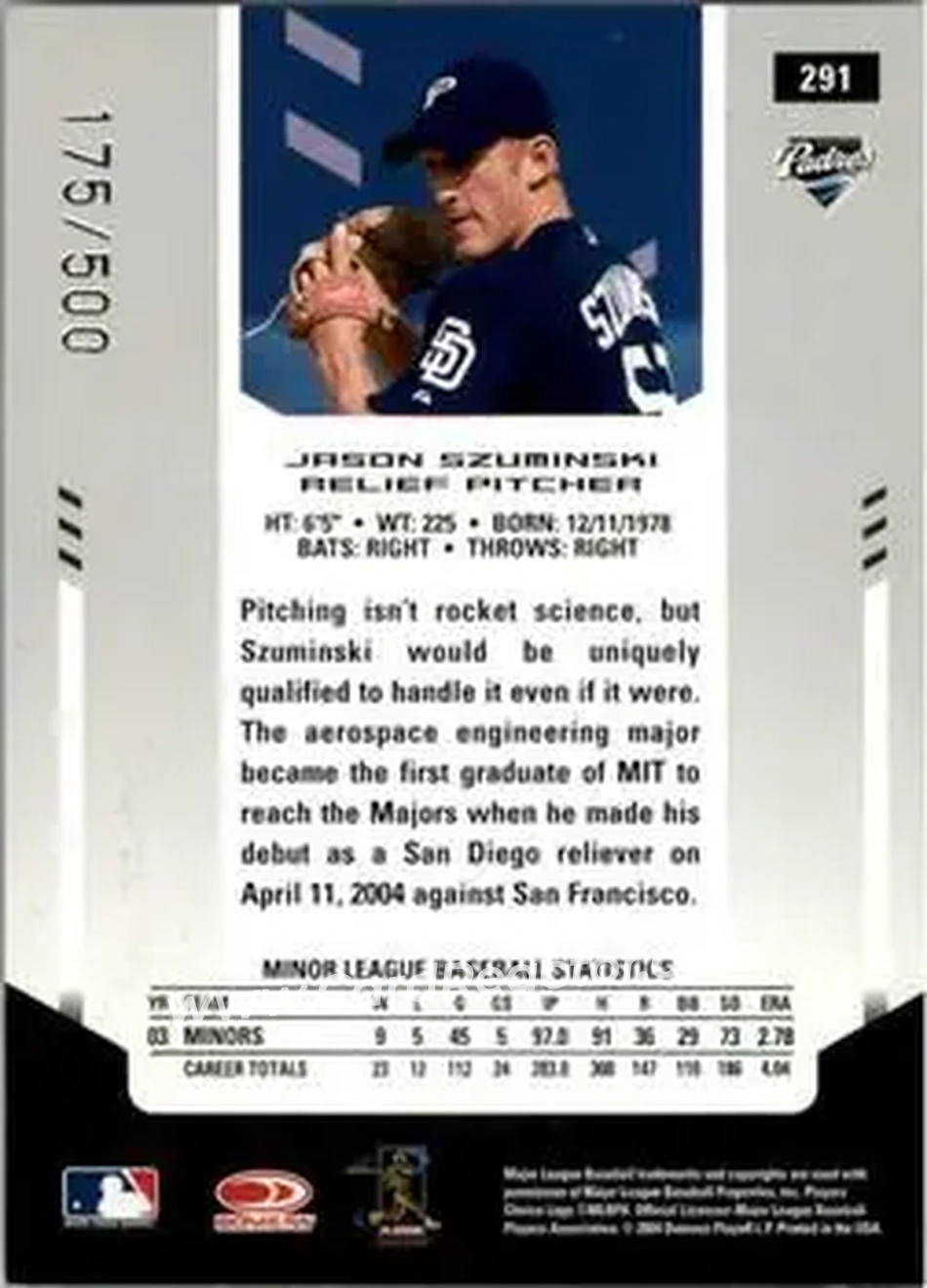 2004 Leaf Certified Materials #291 - Jason Szuminski - San Diego Padres - Back