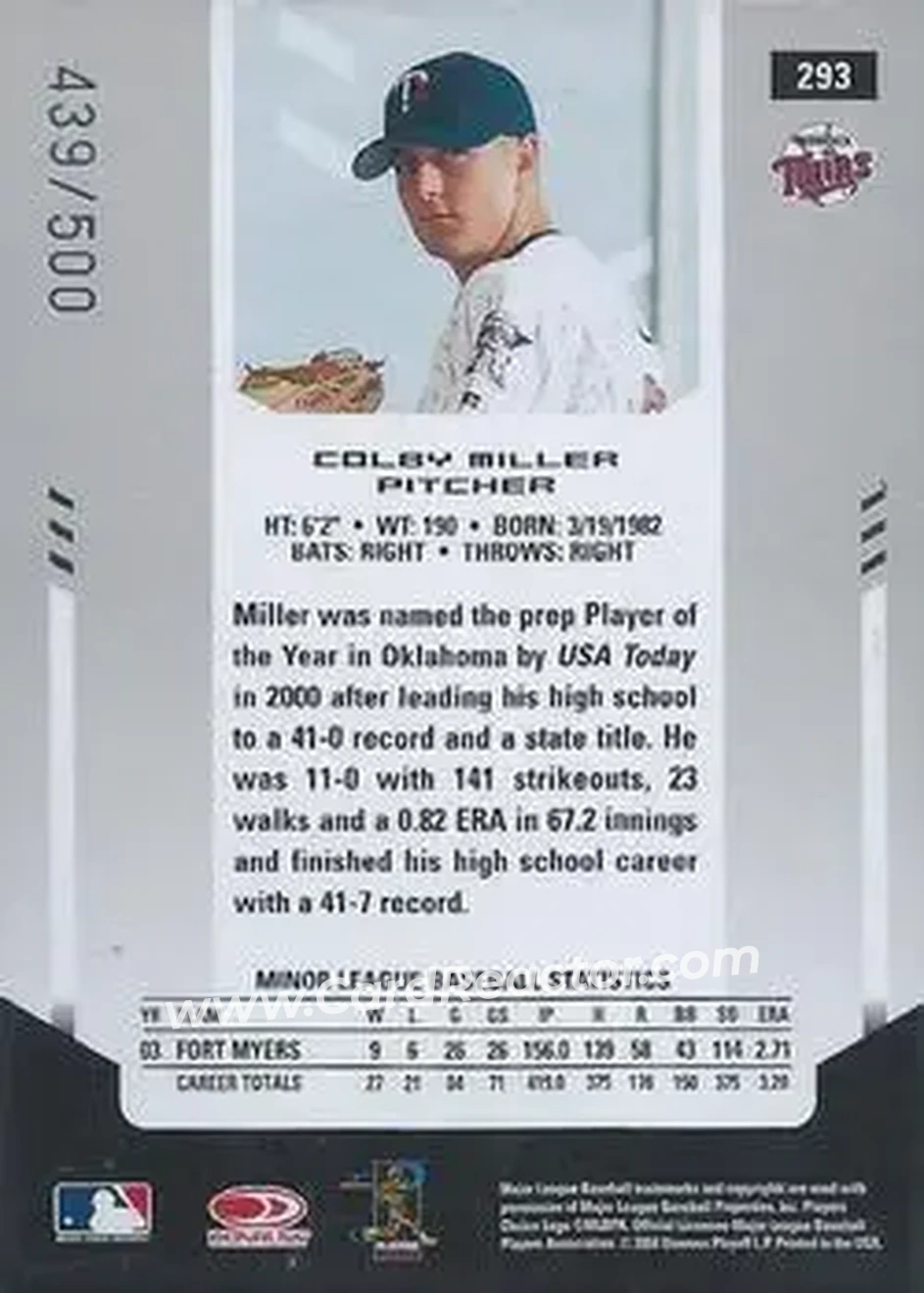 2004 Leaf Certified Materials #293 - Colby Miller - Minnesota Twins - Back