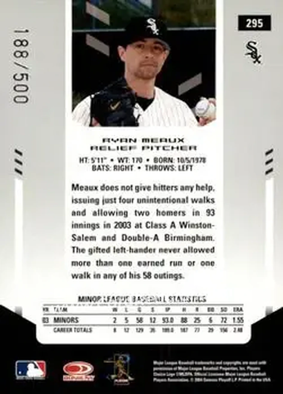 2004 Leaf Certified Materials #295 - Ryan Meaux - Chicago White Sox - Back 2004 Leaf Certified Materials #295 - Ryan Meaux - Chicago White Sox - Back
