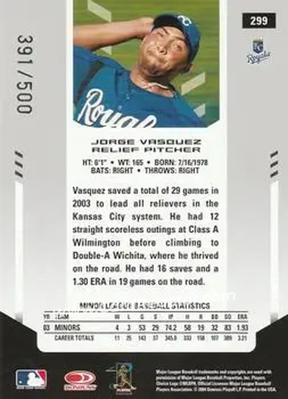 2004 Leaf Certified Materials #299 - Jorge Vasquez - Kansas City Royals - Back 2004 Leaf Certified Materials #299 - Jorge Vasquez - Kansas City Royals - Back