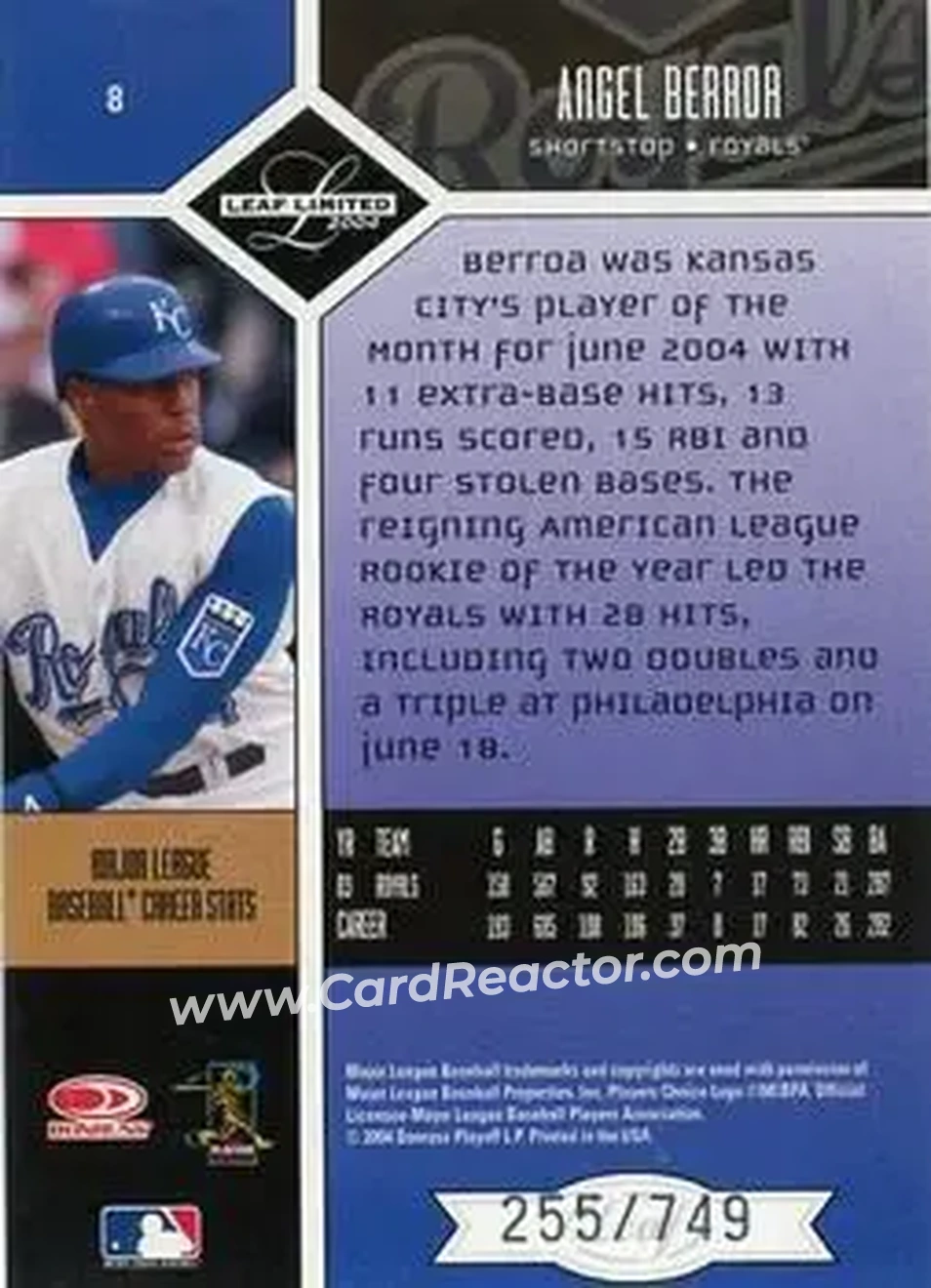 2004 Leaf Limited #8 - Angel Berroa - Kansas City Royals - Back