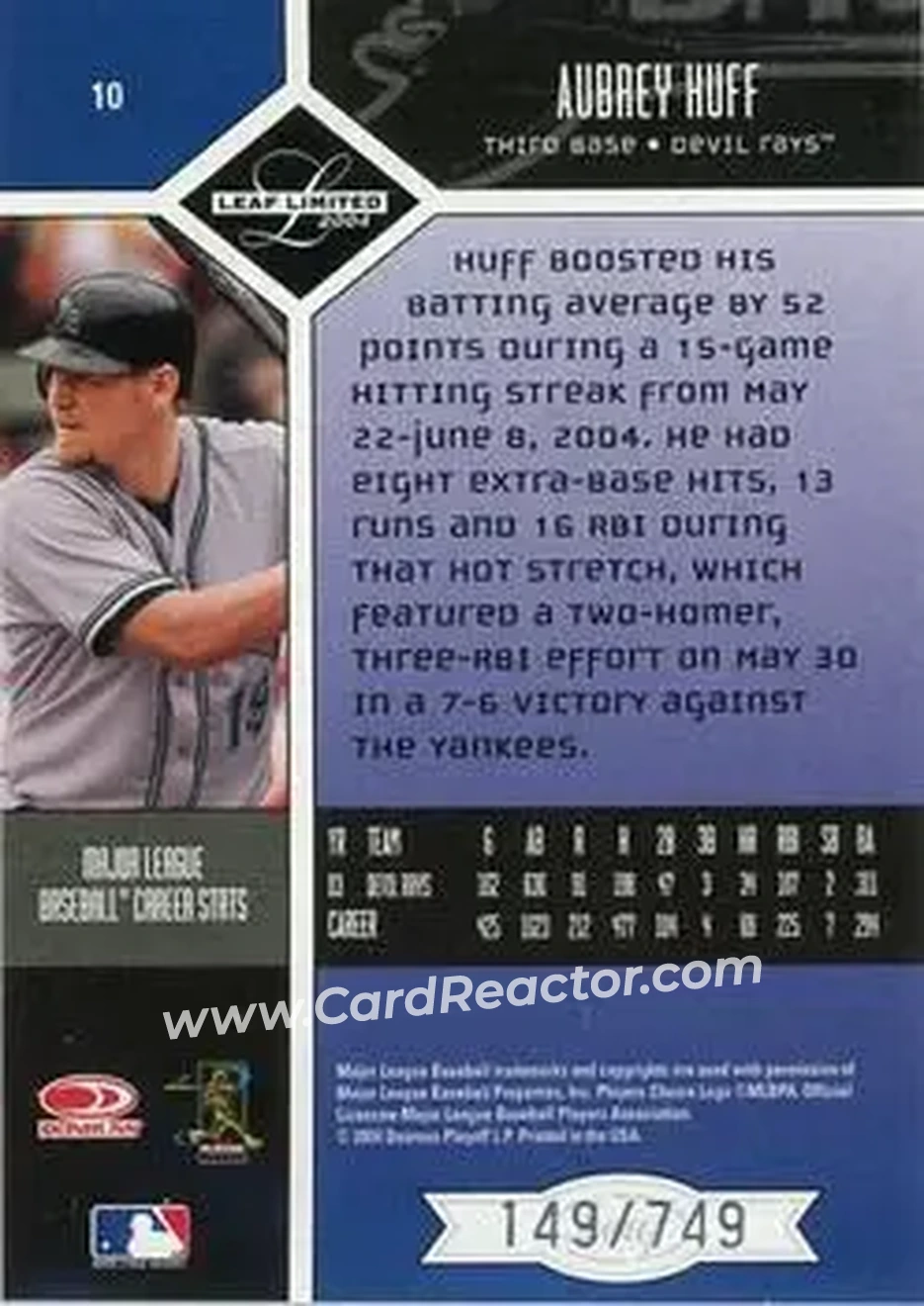 2004 Leaf Limited #10 - Aubrey Huff - Tampa Bay Devil Rays - Back