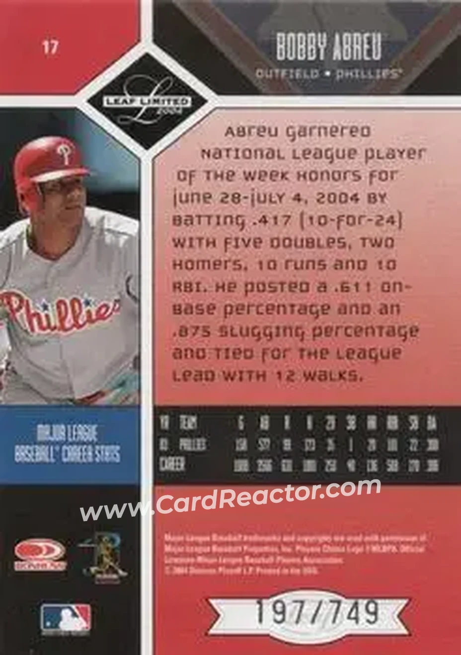 2004 Leaf Limited #17 - Bob Abreu - Philadelphia Phillies - Back