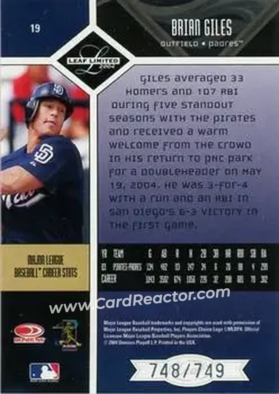 2004 Leaf Limited #19 - Brian Giles - San Diego Padres - Back 2004 Leaf Limited #19 - Brian Giles - San Diego Padres - Back