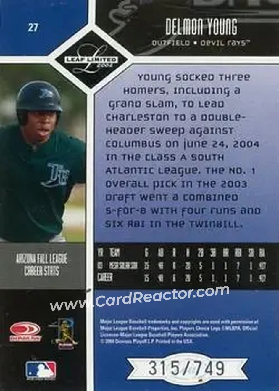 2004 Leaf Limited #27 - Delmon Young - Tampa Bay Devil Rays - Back