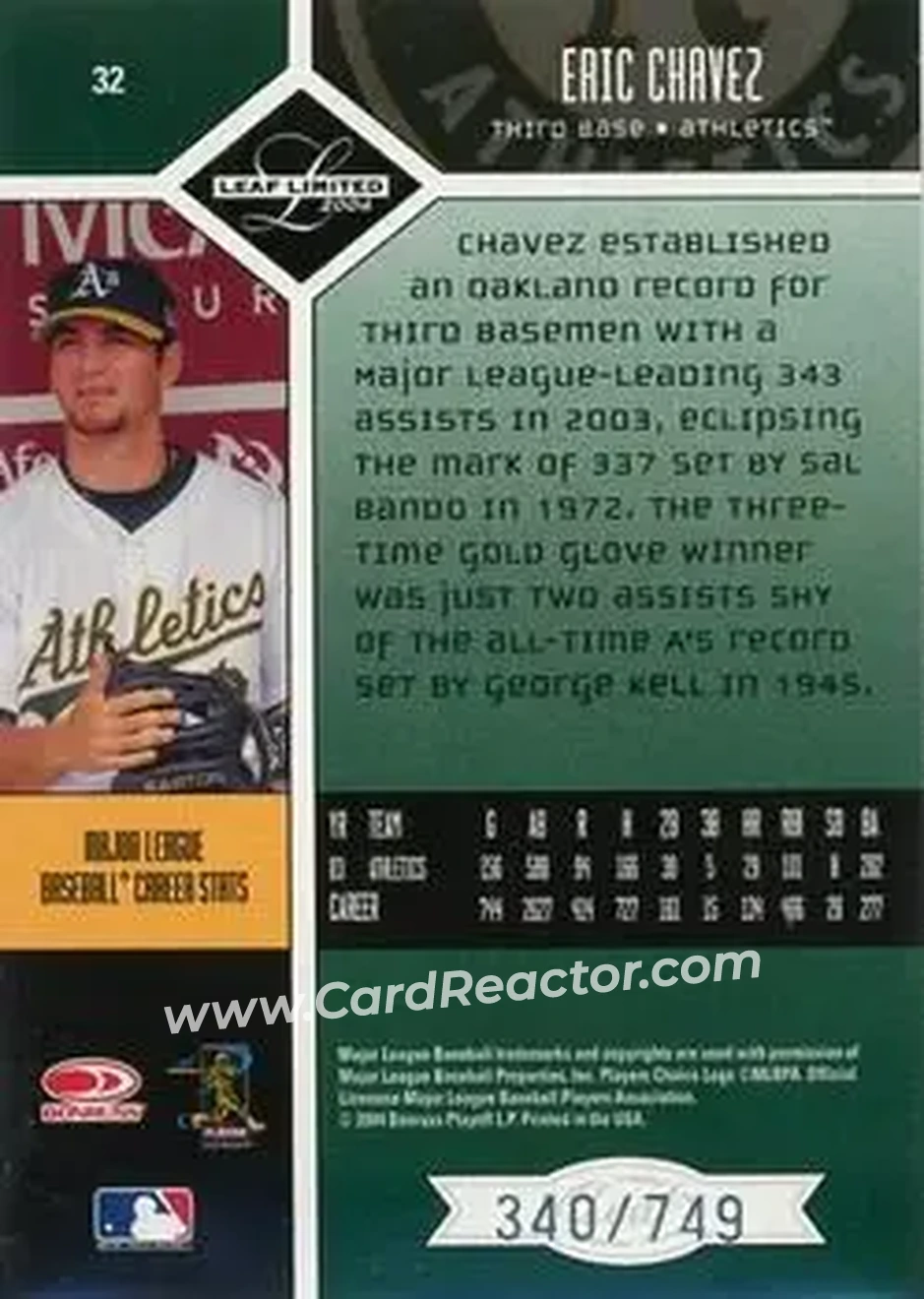 2004 Leaf Limited #32 - Eric Chavez - Oakland Athletics - Back